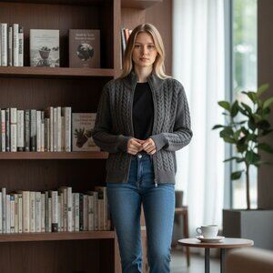 BLANKNYC Womens Cable Knit Full Zipper Turtleneck Sweater Gray Size Small